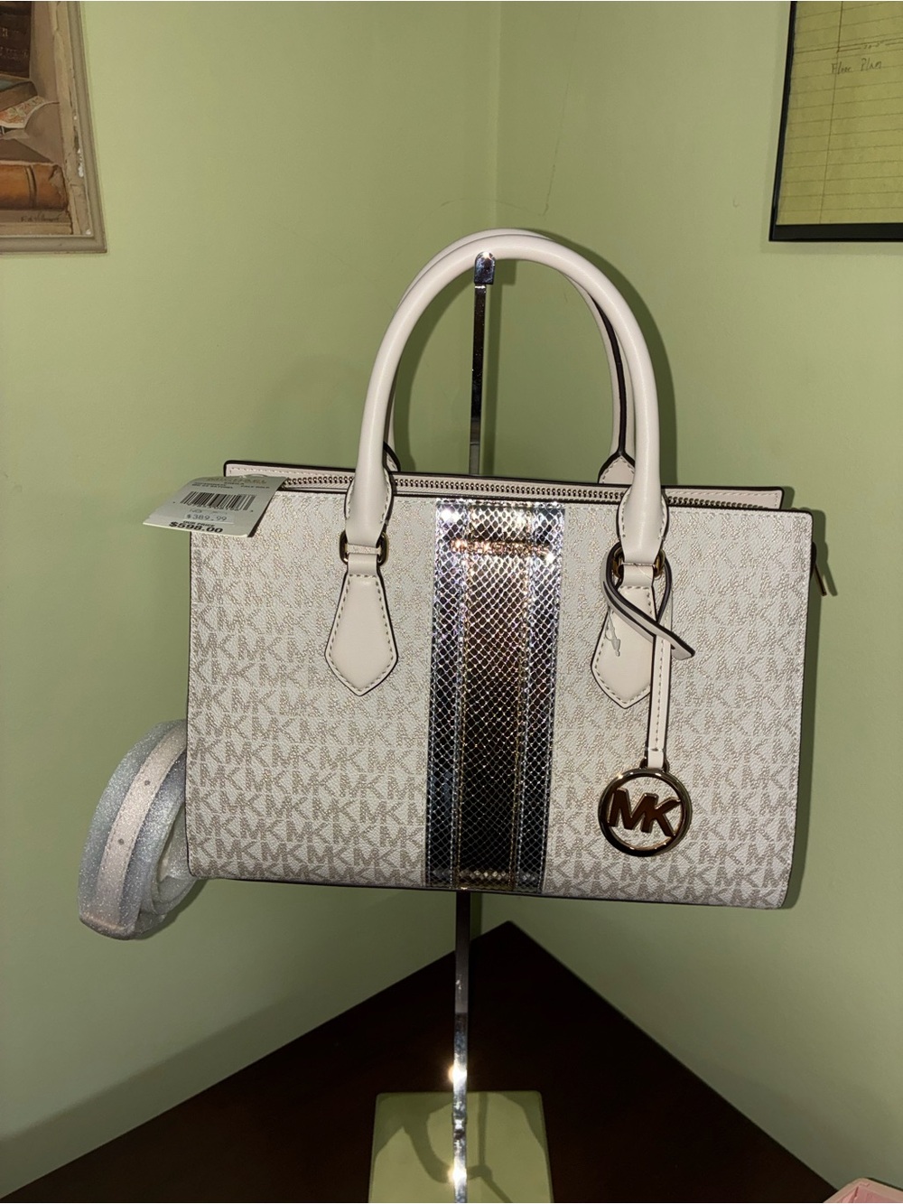 Michael Kors White and Metallic Silver Signature Satchel